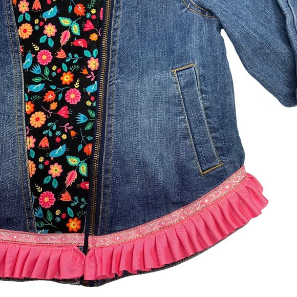 Route 66 Denim Jacket Jean Floral Blue Black Pink Ruffle Metallic Boho Large - Picture 5 of 16